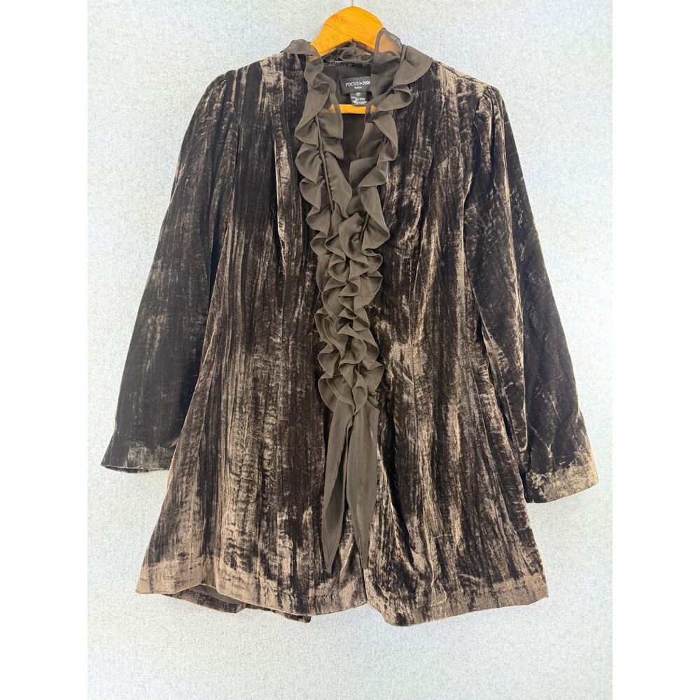 Focus 2000 Petite 10P Olive Brown Crushed Velvet Ruffle Jacket 3547